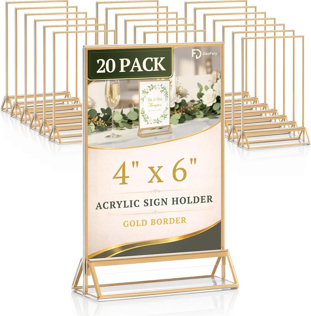 Daofary Acrylic Sign Holder 4x6, 20 Pack Double Sided Clear Gold Frame Tabletop Display, Menu Flyer Table Number Holder for Wedding Reception and Restaurant Tables