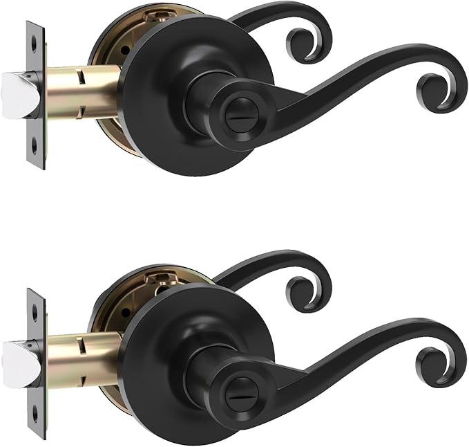 2PK Matte Black Door Handles Interior, Reversible Square Door Levers Knob for Hallway, Bedroom, Bathroom (with Lock, Privacy)
