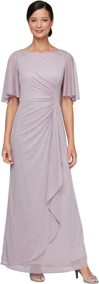 S.L. Fashions Womens Glitter Mesh Stretch Dress W/Shoulder Embellishment Formal Long Gown, (Petite and Regular Sizes) (8, Mauve)