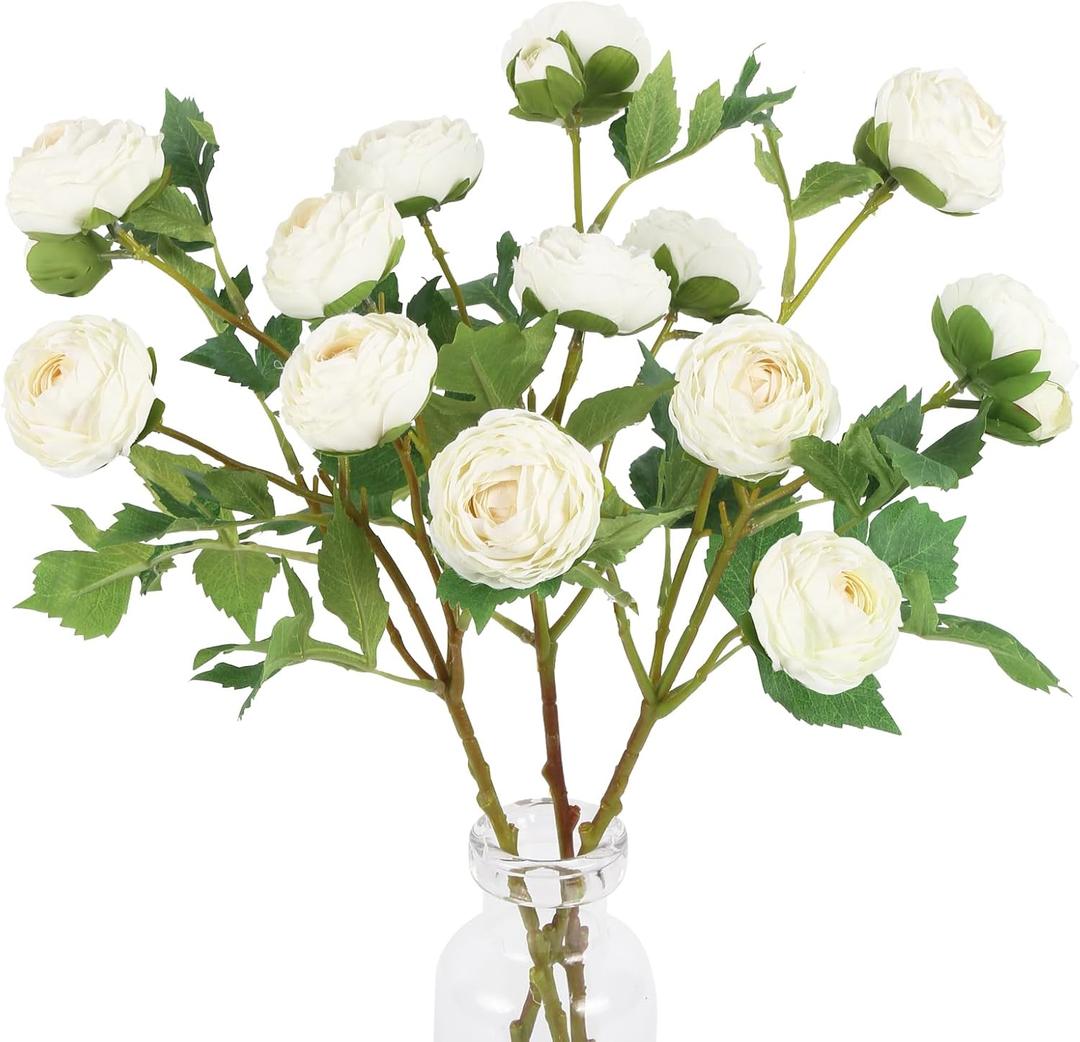 White Ranunculus Artificial Flowers,3PCS 18 Heads Faux Silk Ranunculus Flowers Long Stems Fake Peonies for Centerpieces Arrangements Wedding Party Home Decoration(White)