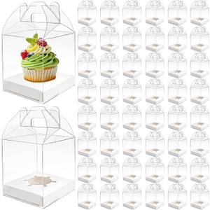 Cedilis 50 Pack Individual Clear Cupcake Boxes, Single Cupcake Containers, Plastic Cupcake Holders with Handle, Inserts and Sticker