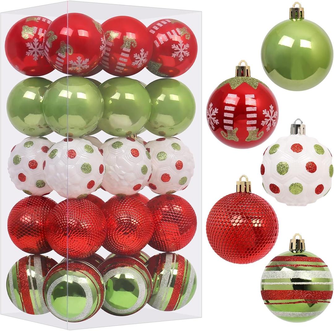 RoseCraft 30PCS Christmas Ornaments Set, 60MM/2.36" Red Green White Christmas Balls, Shatterproof Plastic Xmas Decorations for Christmas Tree Hanging Holiday Party Decor