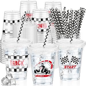FoldTier 50 Pcs Checkered Racing Party Plastic Cup 12 oz Checkered Flag Thick Transparent Cup Black and White Cups Race Car Birthday Party Supplies for Racecar Sports Themed