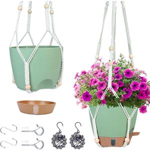 Hanging Planter for Indoor Plants 8 Inch, 2 Pack Self Watering Hanging Baskets for Plants, Hanging Flower Pots with Drainage Hole & 2 Kinds of Plant Hangers for Garden Home Decor (Green, 8 inch)