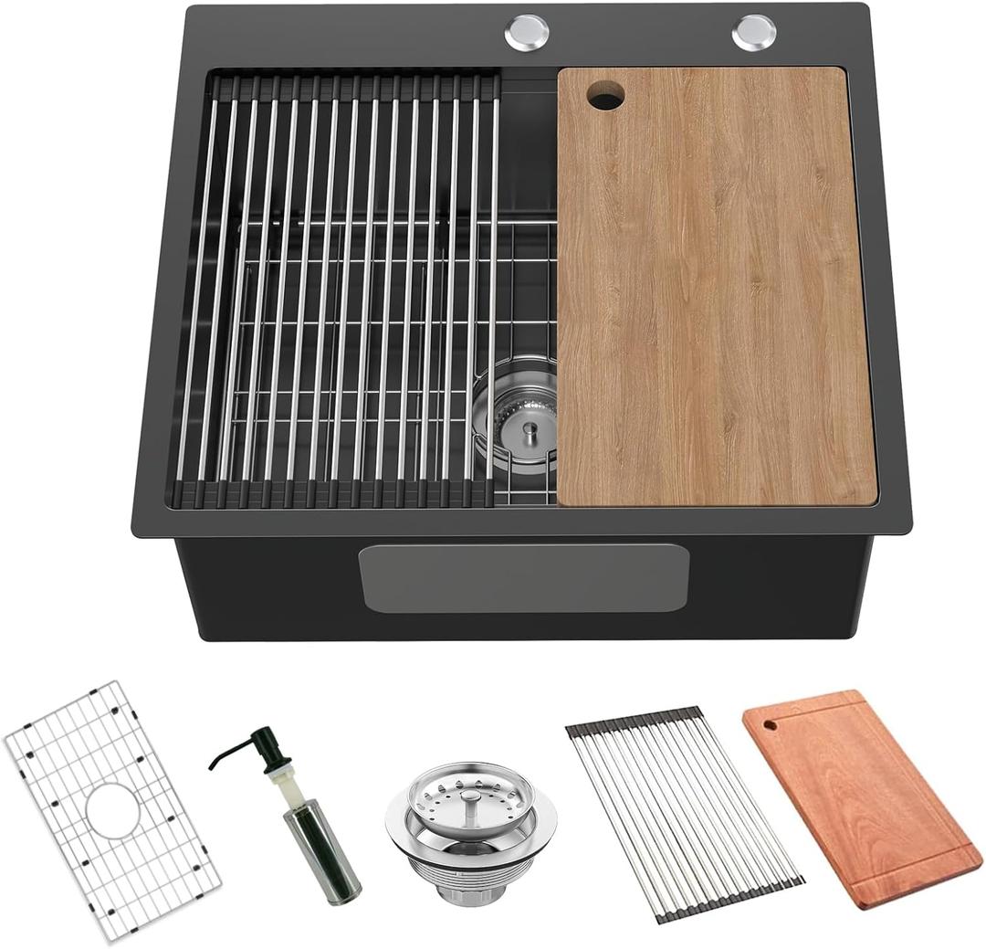 Black Kitchen Sink Workstation, 25x22 Inch Stainless Steel Drop In Kitchen Sink Modern Large Single Bowl Kitchen Sink Gift Combo-SS Grid,Drying Rack,Cutting Board,Soap Dispenser, Drain Strainer Set