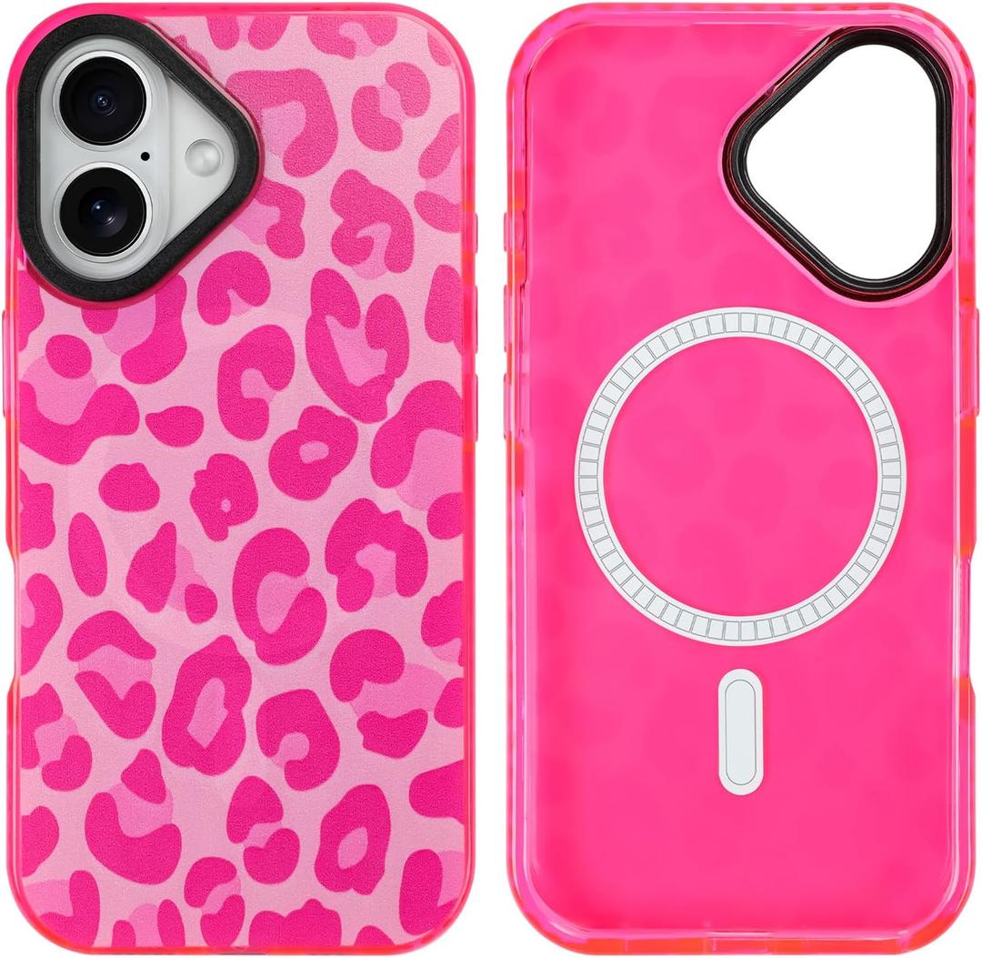 SAKUULO Magnetic for iPhone 16 Plus Case Hot Pink Leopard Print Pattern [Compatible with MagSafe] [with Screen Protector] Wireless Charge Strengthen Protection Cover, Hot Pink Leopard (6.7")