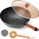 WANGYUANJI 12.6" Iron Wok with Lid, Flat Bottom Nonstick Wok Pan with Detachable Wooden Handle, Chinese Stir Fry Pan for Induction, Gas and Electric Stoves