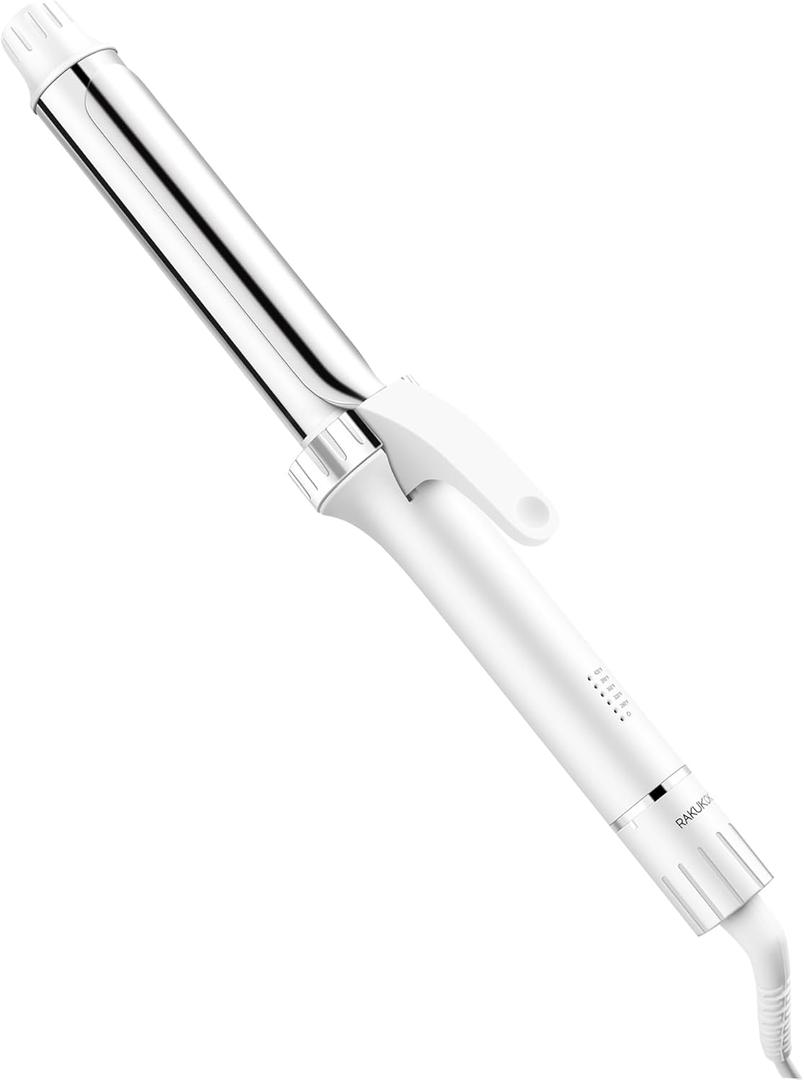 Titanium Curling Iron 1 1/4 Inch for Long-Lasting Beachy Waves & Loose Curls, Curling Wand with Clamp for Long Thick Hair, Dual Voltage, 30s Fast Heating, 5 Temperatures, Auto Shut-Off, Silver+White