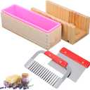 42oz Loaf Soap Making Supplies Kit, Included Adjustable Wooden Cutting Box + Rectangular Loaf with Wooden Box Stainless Steel Wavy+Straight Cutter  Silicone for DIY Soap Making