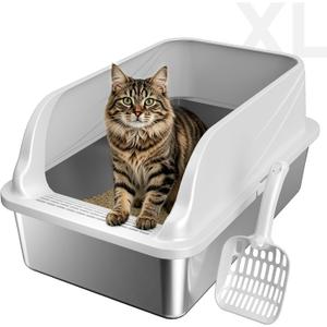 Stainless Steel XL Cat Litter Box, High‑Sides Anti‑Spill Metal Litter Pan
