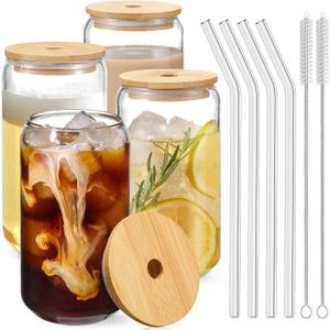 Drinking Glasses with Bamboo Lids and Glass Straw 4pcs Set - 16oz Glass Cups, Iced Coffee Glasses, Cute iced Tea Glasses, Beer Glasses, Ideal for Coffee Bar Accessories, Aesthetic Gift - 2 Brushes