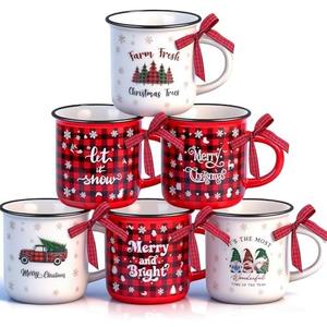 6 Pcs Christmas Mini Coffee Mugs with Plaid Ribbon Red Black Plaid Xmas Tree Truck Snowflake Coffee Mug, 5 oz Mini Farmhouse Tiered Tray Decor Coffee Cups for Housewarming Gift Xmas Centerpieces Decor