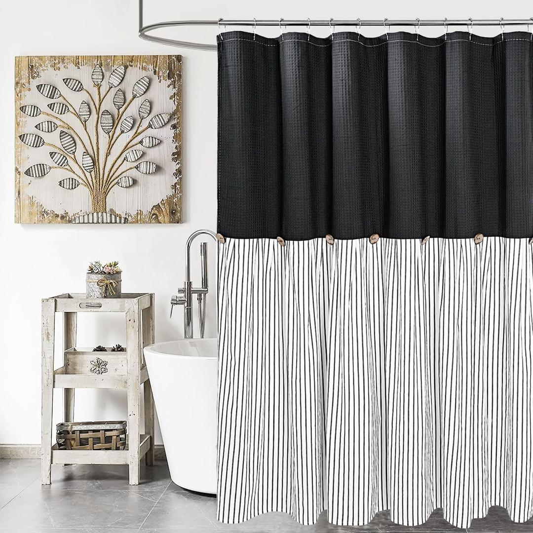 Farmhouse Shower Curtain,Black and Black Striped,Button Curtain,Spa Waffle and Cotton Woven Fabric,Rustic Charm Country Chic Style, 72x84 in