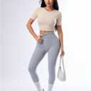 SweatyRocks Women's Twist Open Back Athletic Shirt Short Sleeve Crew Neck Workout Crop Tops (Beige, L)