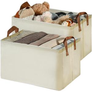 Collapsible Fabric Storage Box with Metal Frame, Wardrobe Storage Baskets, Clothing Organizer Box, Oversized Shelf Basket, Ivory Color Box Set of 2 (Ivory - Large)