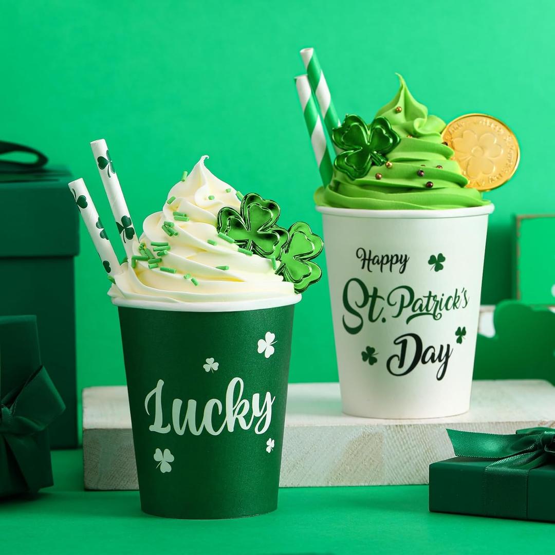 Tioncy 2 Pack St. Patrick's Tiered Tray Decor Happy St. Patrick Day Coffee Bar Decorirish Table Centerpiece Shamrock Lucky Faux Whipped Cream Cups for Table Home Kitchen Bar Shelf Decoration (White and Green)