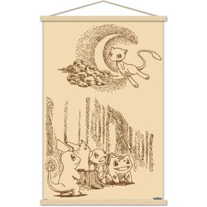 Trends International Pokmon - Sepia Scene Wall Poster with Magnetic Frame, 34L x 22.4W, Print and Beechwood Hanger Bundle
