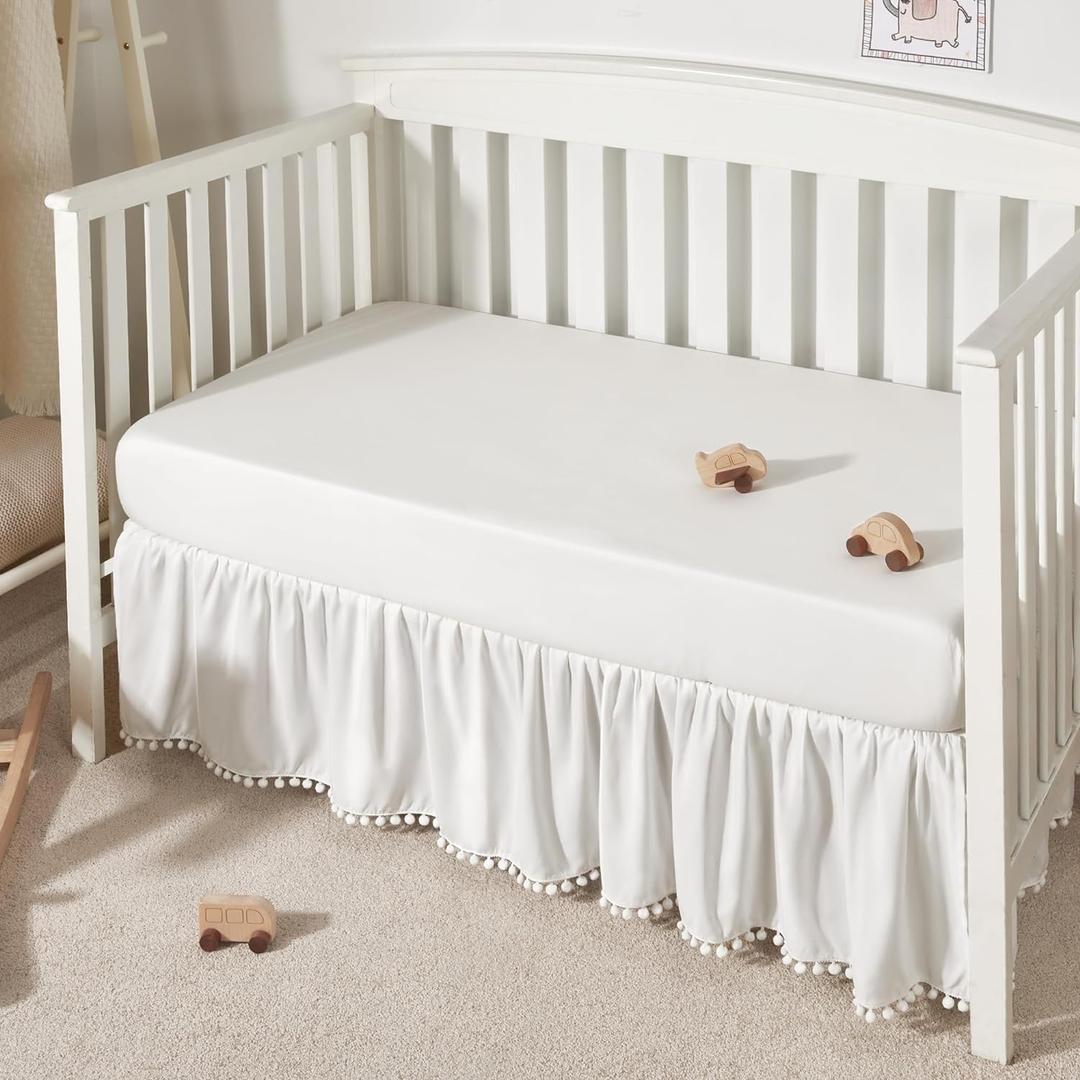 TILLYOU Baby Crib Skirt Girls Boys, Ruffled Bed Skirt with Pompoms, 28x 52, 14'' Drop, White