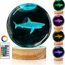 3D Shark Crystal Ball Night Light with Remote Lifelike 3.15 In Shark Sea Animal Glass Ball Lamps with 16 Color LED Wooden Base for Birthday Holiday, Cool Shark Toy Room Decor Gifts for Boys Girls Kids