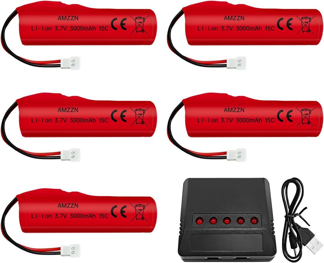 AMZZN 5PCS 3.7V 3000mAh Li-ion Battery with Molex Plug and 5-in-1 Charger for RC Engineering Vehicles,Drifting Vehicles,Trucks,Off-Road Cars,High-Speed Climbing Racing Cars,Remote Control Boats