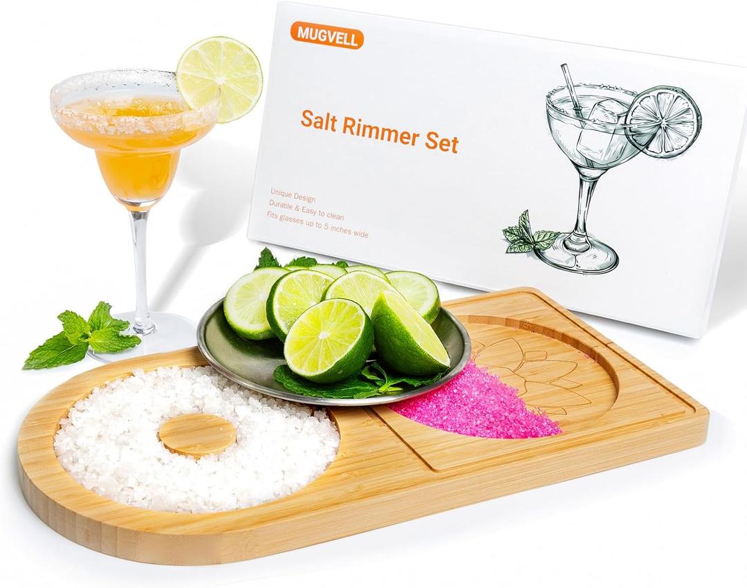 Margarita Salt Rimmer Set, Sugar and Salt Rimmer for Cocktails, Bartender Tool with Wood Bamboo Glass Rimmer for up to 5.1" Rims, Essential Margarita Set for Party Bar Celebration (12.6" x 6.3" x 0.6")