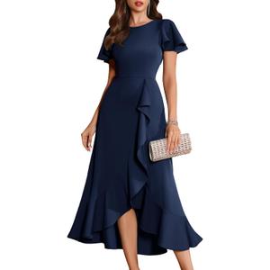 BeryLove Women Formal Party Dress Flutter Short Sleeve Wedding Cocktail Long Evening Dress (Blue, M)