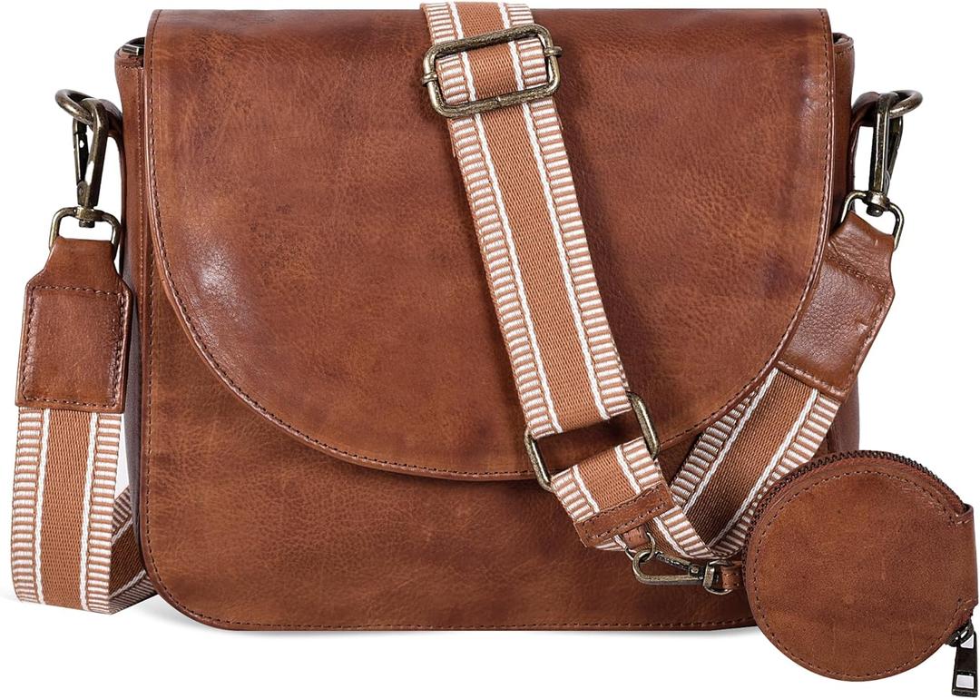 Genuine Leather Shoulder Crossbody Purse For Women with Adjustable Strap, Mobile Pocket & Outside & Inside Zipper (Tan Web Coin)