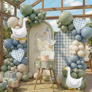 One Silly Goose Balloon Arch Kit Sage Green Dusty Blue Balloon Garland with Goose gingham heart balloons, Vintage Goose Baby Shower Decorations, Boy or Girl Birthday Party Decor (146PCS)