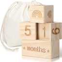 Wonderjune Boho Baby Monthly Milestone Blocks Set of 4 Wooden Baby Age Milestone Signs with Drawstring Bag Months Weeks Years Days Blocks for Newborn Photo Props Keepsake