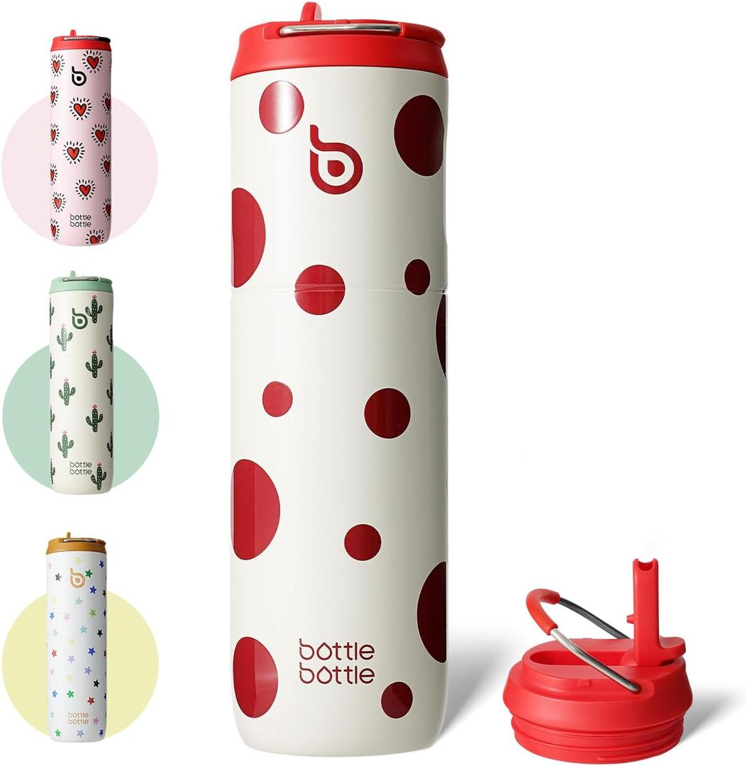 BOTTLE BOTTLE Insulated Water Bottle 24oz with Straw Lid and Handle for Sports Travel Gym Stainless Steel Water Bottles Double-Wall Vacuum Metal Leak Proof BPA-Free (Polka Pop)