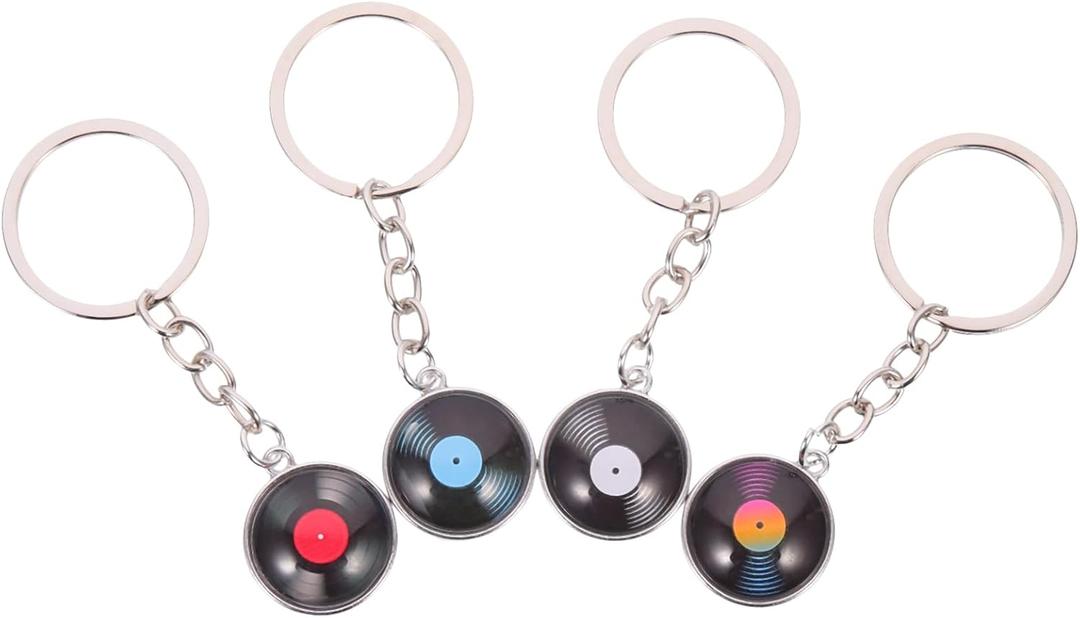 NUOBESTY Retro Gramophone Key Chain Set 4 Pcs Metal Vintage Vinyl Record Key Rings for Men Women Luggage Bag Charms Unique Music Accessories