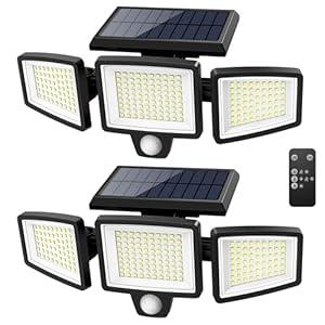 Tuffenough Solar Outdoor Lights 2500LM 210 LED Security Lights with Remote Control, 3 Heads Motion Sensor Lights, IP65 Waterproof, 270° Wide Angle Flood Wall Lights with 3 Modes(2 Packs)
