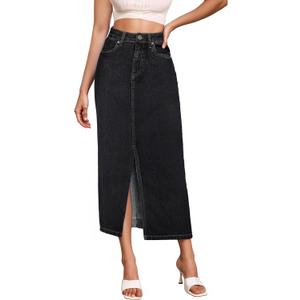 Hybrid & Company Women's Long Denim Skirt  Stretch Jean Skirt for Office and Casual Wear (6, Black)