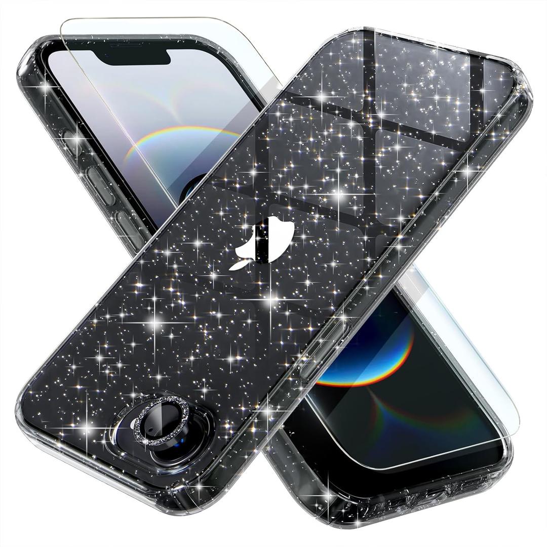 Choiche Compatible for iPhone 16e Case Women Phone Case, Cute Bling Sparkly, Military Grade Drop Protection, 1 Diamond Camera Lens Covers, 2 Tempered Glass Protectors, 6.1 inch (Glitter Black)