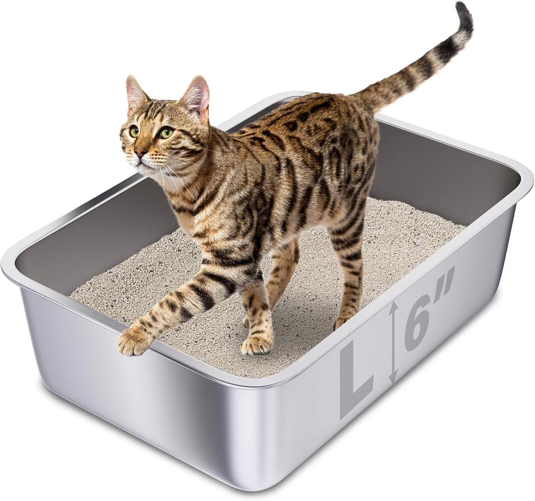 Stainless Steel Cat Litter Box, 20"x14"x6"(Height) Large Metal Litter Box, Easy to Clean, Non Stick No Smell Litterbox for Cats/Kitty (1 Pack-Large (19.7"13.8"6"))