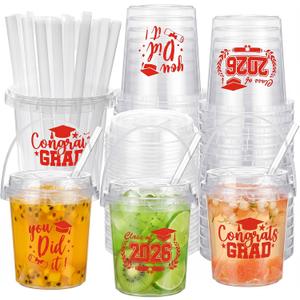 Ceenna 30 Sets 24oz Graduation Drink Buckets with Lids and Straws Class of 2026 Graduation Plastic Bucket Cups Congrats Grad Party Supplies for High School College Tailgate Party Summer Events (Red)