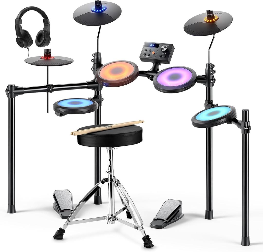 Donner DED-70L Electronic Drum Set with LED Light Up Quiet Mesh Drum Pads & 9" Cymbals, 150 Sounds, 15 Drum Kits, USB MIDI, Type-C Charging, 2 Pedal, Throne, Headphones, Sticks, Melodics Lessons
