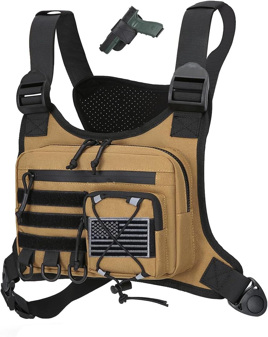 Outdoor Sports Chest Bag for Men, Chest Vest Holster Fits Most Pistols, EDC Travel Chest Pack for Running, Hiking (Khaki)