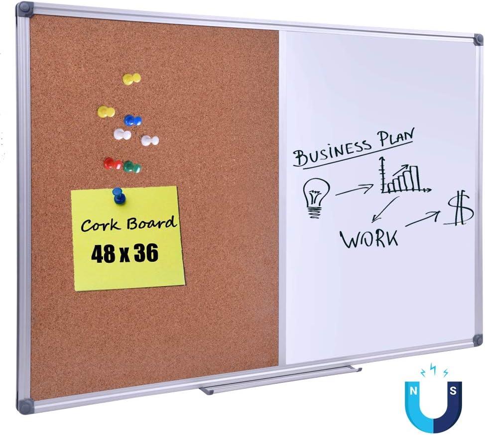 Magnetic Combination Whiteboard & Cork Bulletin Board 48 x 36 Inch - Dual Surface Vision Board for Home Office Organization, Kitchen Meal Planning & School Study - Silver Aluminum Frame