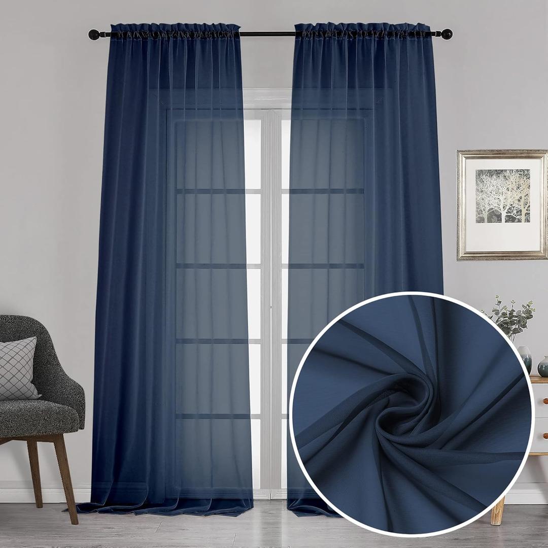 Chyhomenyc Extra Long Sheer Window Curtain Panels 120 Inch 2 PCS, Rod Pocket Durable Soft Touching Backdrop Drapes Window Treatment for Living Room/Farmhouse/Hotel, 42W x 120L inches, Navy Blue, 10 FT