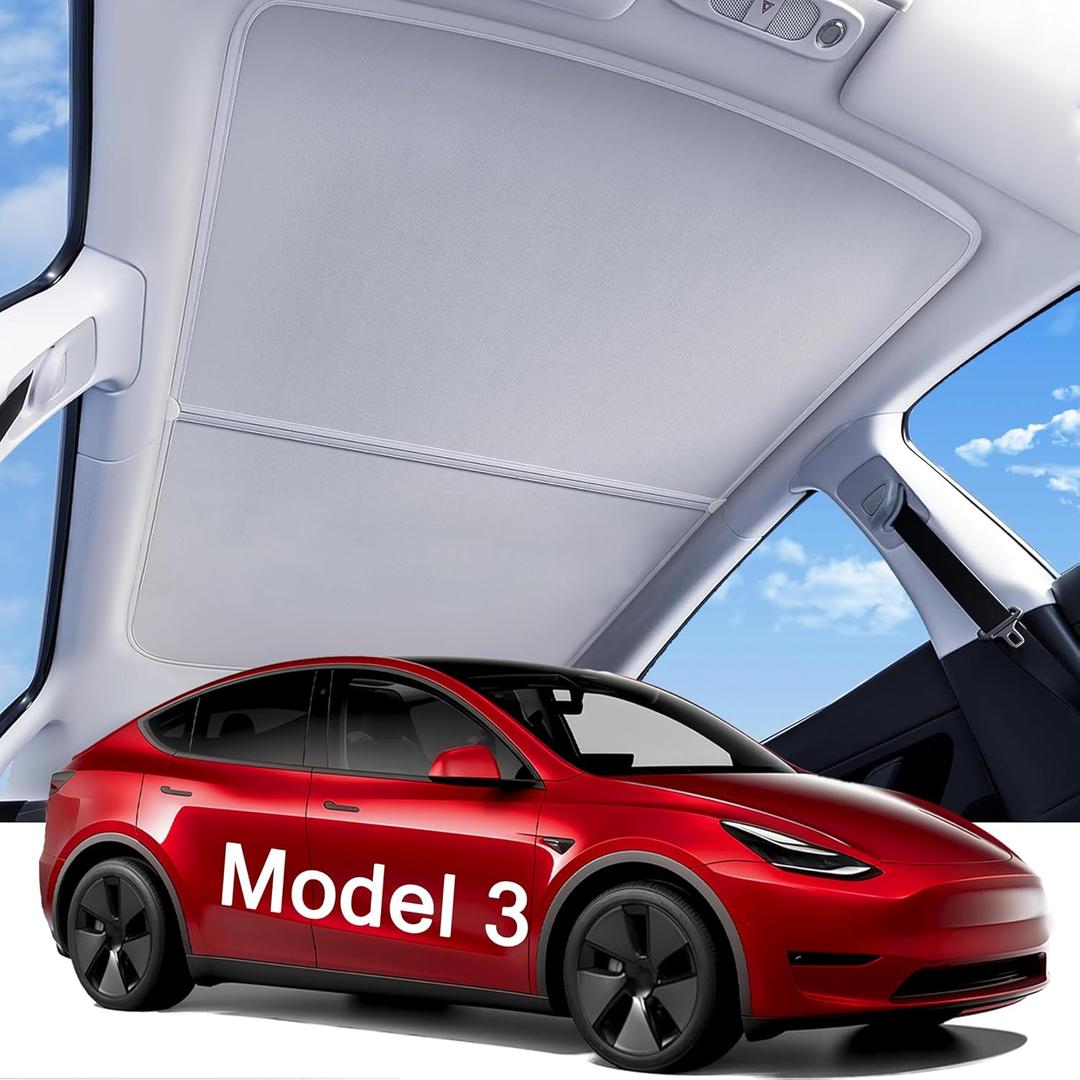 LOWEEY 2026 Upgraded Tesla Model 3 Sunshade Roof, UPF200+ Roof Sunshade with Storage Bag, No-Sag & No-Gaps Heat Insulation Foldable Glass Roof Sun Shade, Tesla Model 3 Accessories MY20-23 Gray
