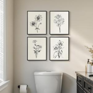 Framed Black and White Bathroom Wall Art, 4 Piece Vintage Floral Canvas Prints Artwork for Farmhouse, Rustic Minimalist Flower Botanical Pictures for Bedroom Living Room Wall Decor, 8x10x4 (Pack)