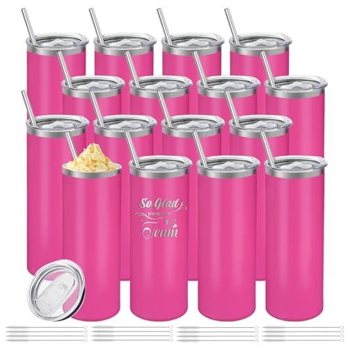 YOUKE OLA 16 Pack Stainless Steel Skinny Tumblers Bulk Straight Double Wall Powder Coated Insulated Tumbler with Lid and Straw for Laser Engrave, DIY Gift, 20oz Pink