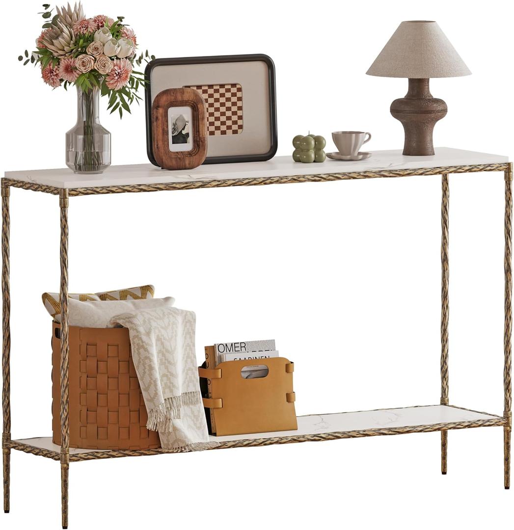 Antique Console Table with Faux Marble Wood Top, 47" Narrow Entryway Table with 2-Tier Open Storage Shelves, Modern Slim Sofa Table with Antique Brass Finish for Hallway, Living Room