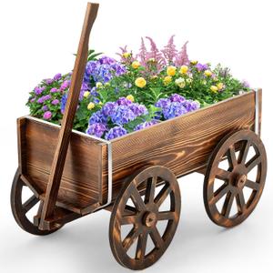 Wooden Wagon Planter Box, Garden Planter with Wagon Wheels, Flower Cart for Balcony, Decorative Patio Flowers Herbs Vegetables for Indoor Outdoor Decor, Brown(Classic)