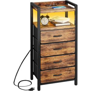 Kitstorack Night Stand with Charger Station and LED Light Rustic Brown Nightstand with Drawers Bedside Table Tall Nightstand 4 Fabric Drawers