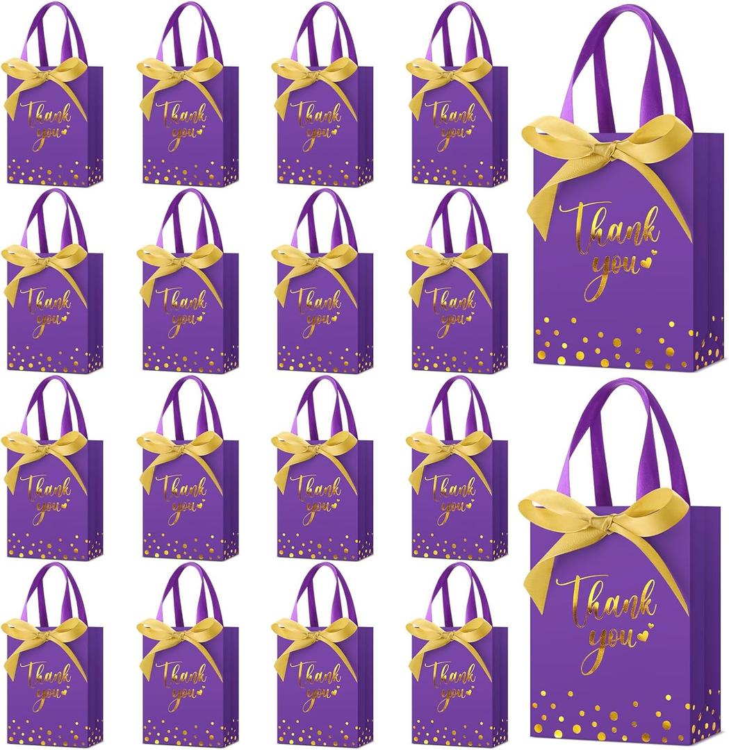 Kolldenn 36 Pack Small Thank You Gift Bags with Handles 5.9 x 4.3 x 2.4 Inches Wedding Favor Bags with Bow Ribbon Graduation Candy Goodie Gift Bag Bulk for Wedding Birthday Bridal Shower(Purple)
