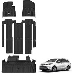 3W Floor Mats&Cargo Liner for Toyota Sienna 2021-2026 7 Seat (Not Fit 25 26 Platinum) TPE Custom Fit Floor Liner for Sienna XLE/XSE/Limited Full Set and Trunk Mat(w/o Spare tire)