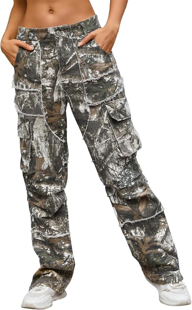 Unisex Camo Cargo Pants, Multi Pockets Raw Edge Oversized Straight Zipper Wide Legs Streetwear for Hip Hop Men Women (XL)