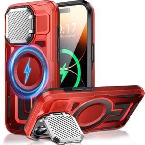 Camera Stand Case for iPhone 14 Pro, [Compatible with MagSafe] [Lens Cover] 2024 Version Military Grade Protective Soft Case for iPhone 14 Pro 6.1 inch Men Women, Red